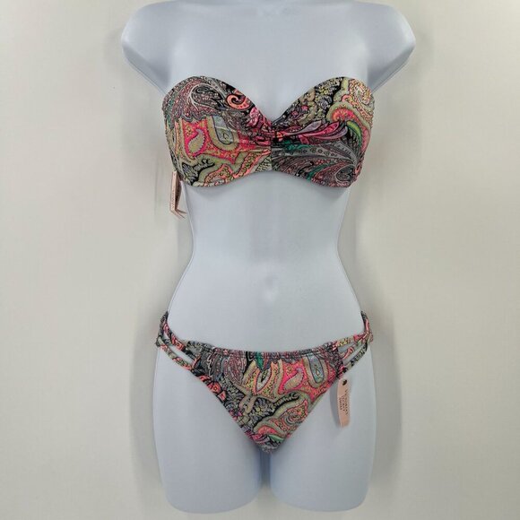 NWT VS 32D/S Paisley Bikini Set Bandeau Strappy Cheeky Swimsuit Multi-Color - Picture 16 of 16